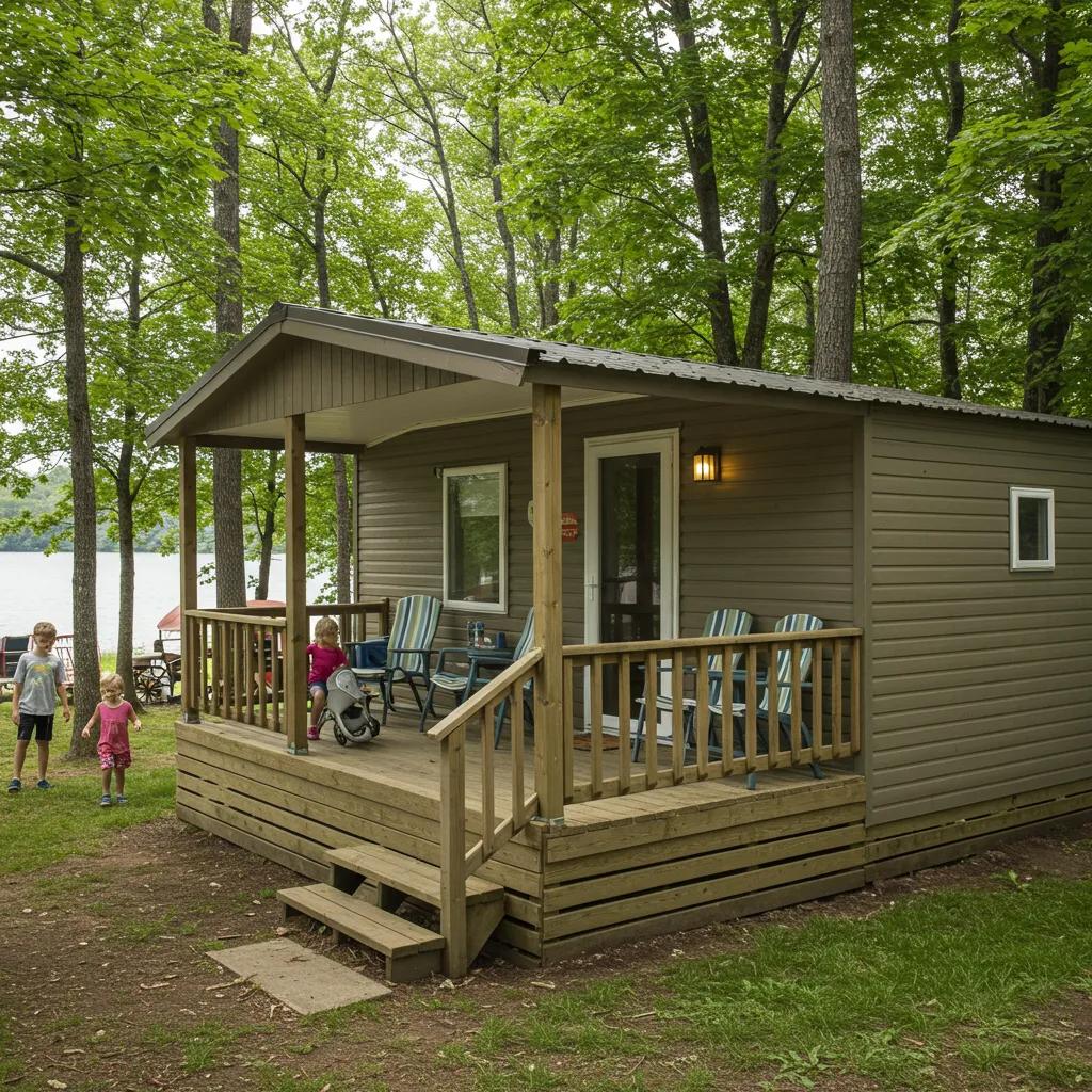 Cozy seasonal camping cabin in Michigan surrounded by nature, ideal for family stays