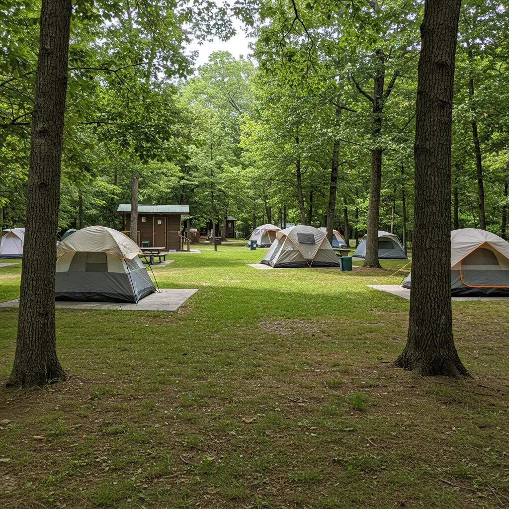 A developed tent camping area in an Ohio State Park, featuring tents, amenities, and families enjoying the outdoors