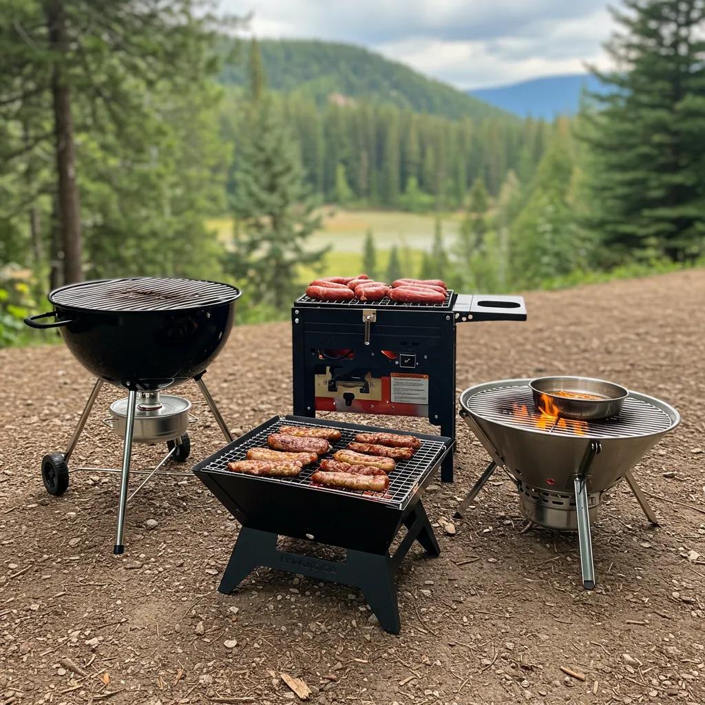 Different grilling devices at a campsite, illustrating Ohio campground grilling regulations