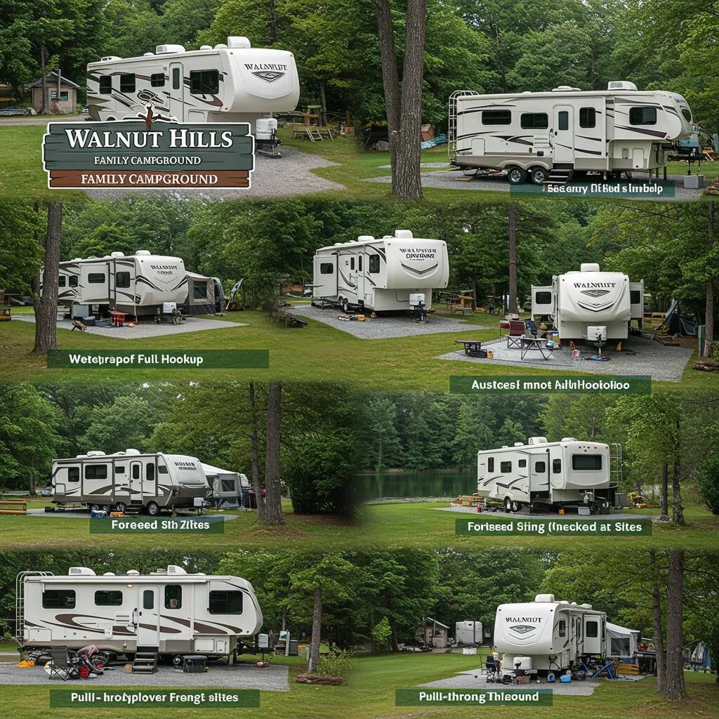 Various RV site types at Walnut Hills Family Campground, including waterfront and forested options