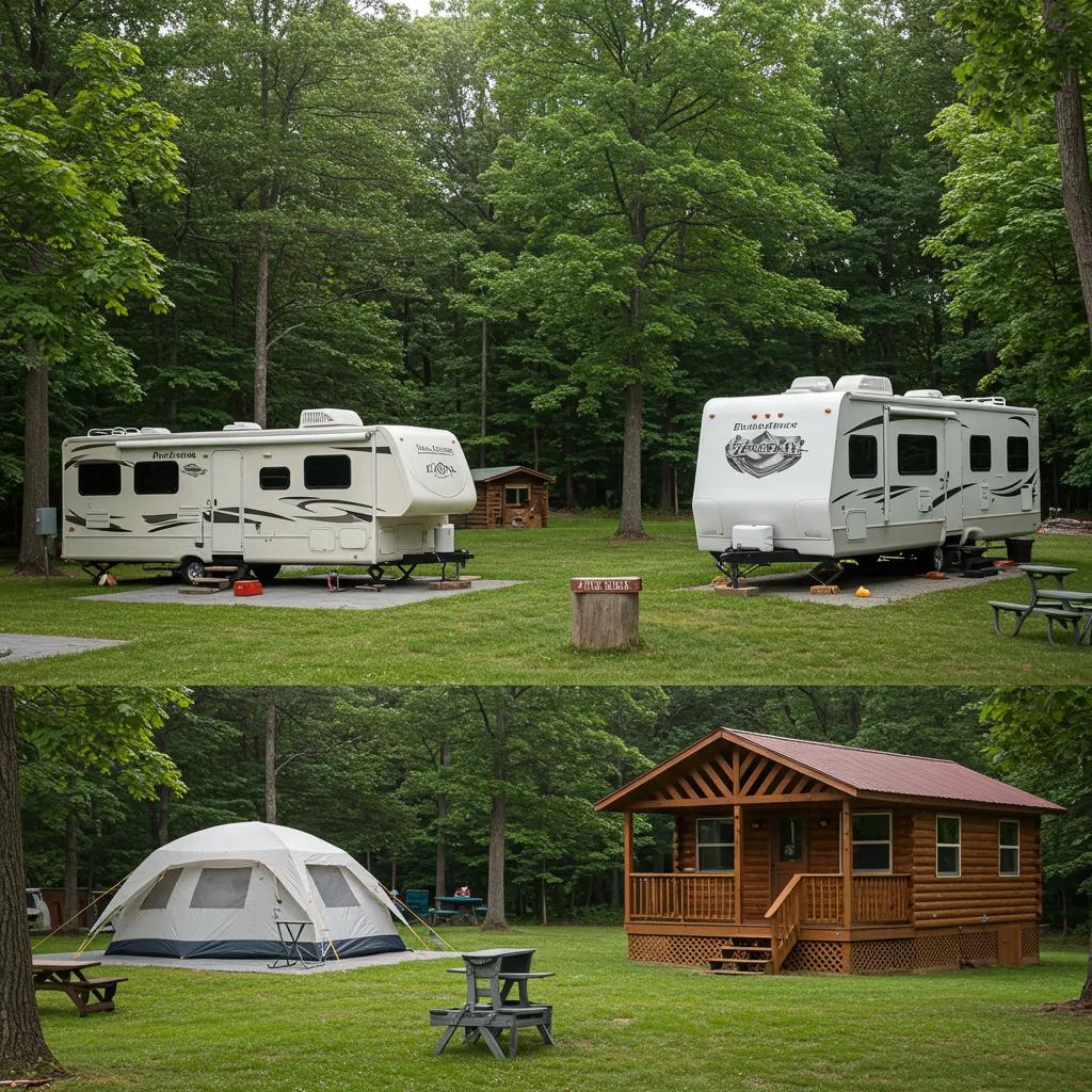 A visual comparison of different Ohio campsite options, including basic primitive sites, electric-only spots, and comfortable cabin rentals.