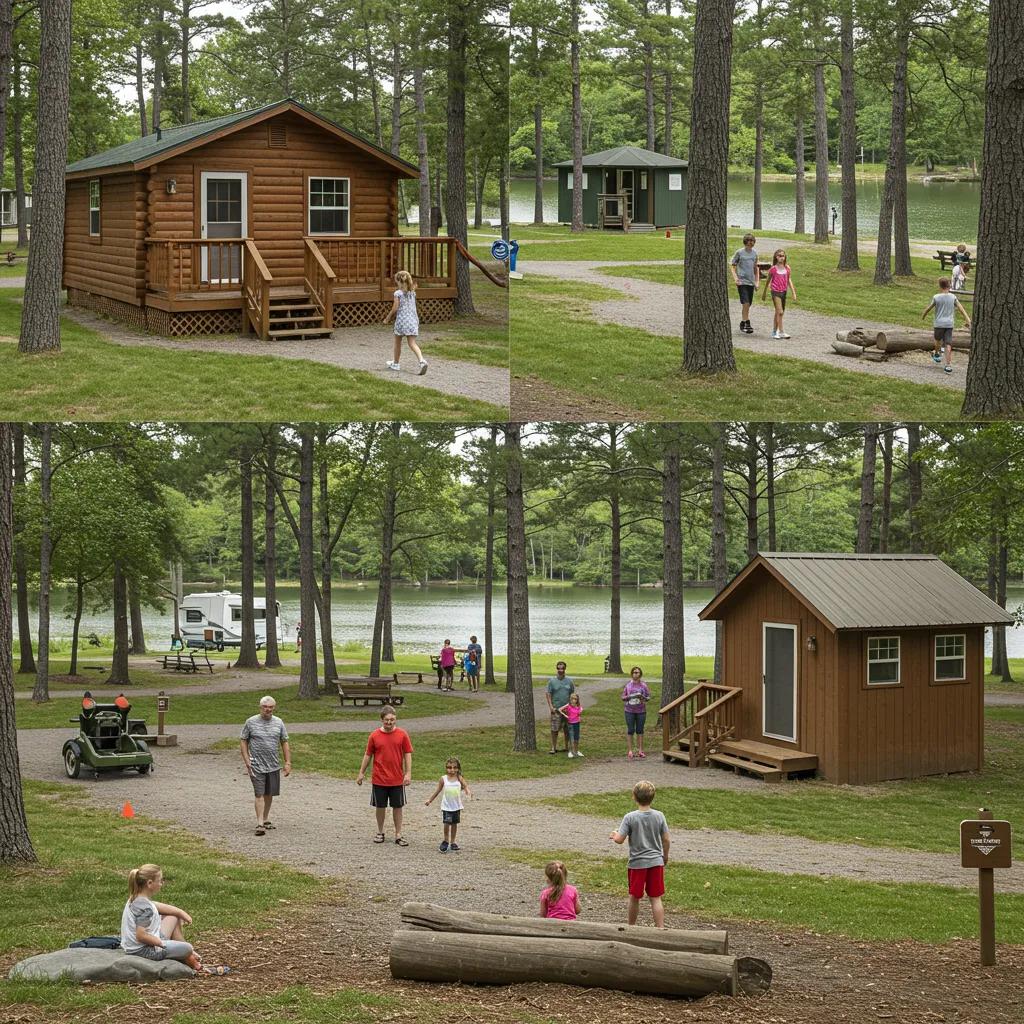 Diverse campground amenities including a cabin, bathhouse, and recreational areas