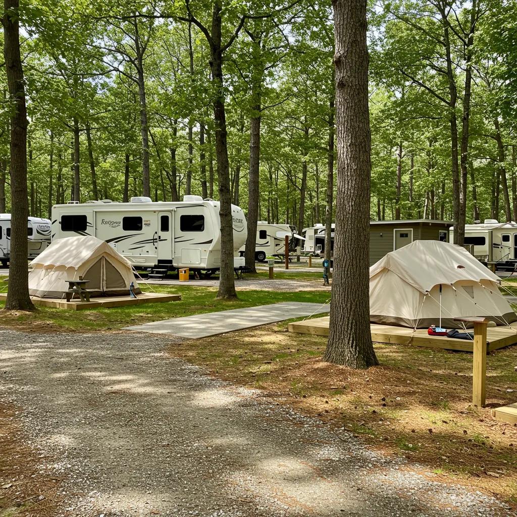 Diverse campground amenities including RV sites and glamping tents, illustrating features that enhance property value