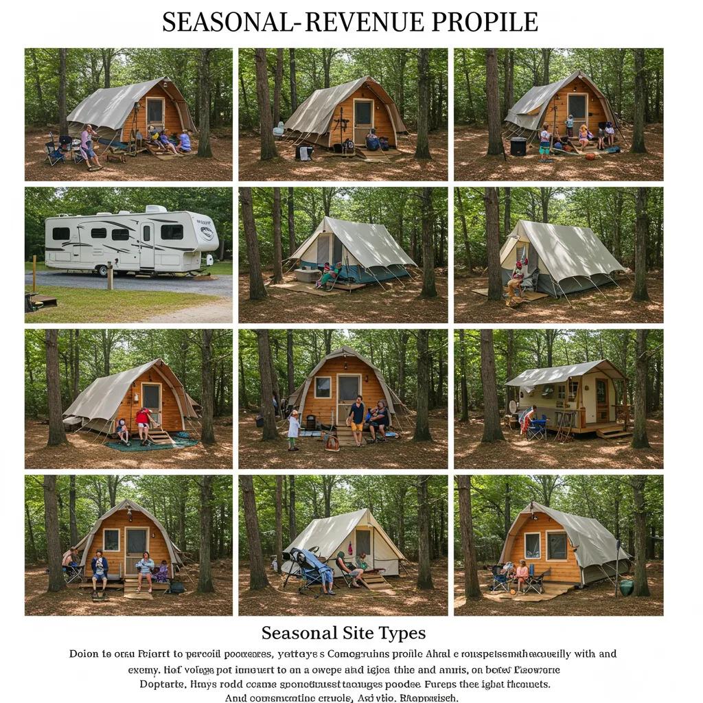 Diverse campground site types including RV sites, tent sites, and glamping pods, showcasing seasonal appeal and family enjoyment