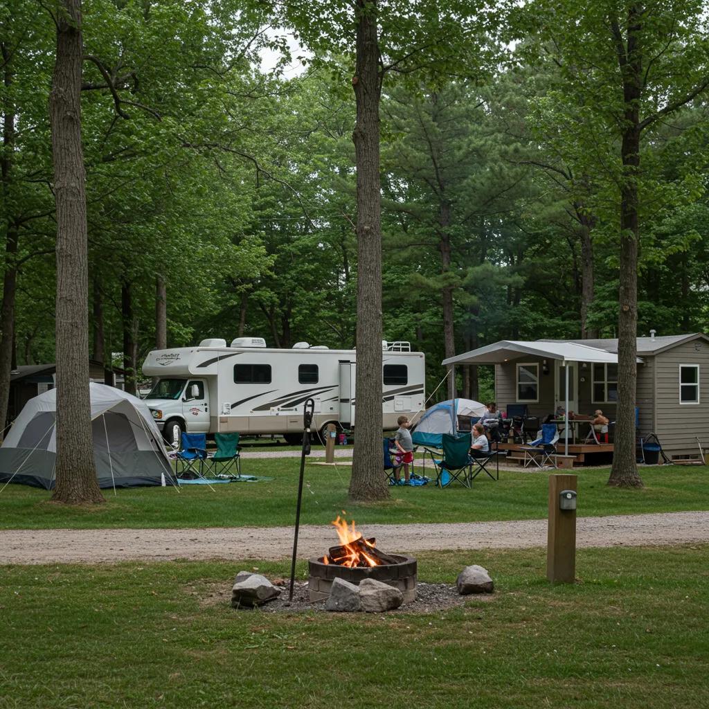 Various camping options at Camp Dearborn, including RV sites, tents, and cabins in a family-friendly setting