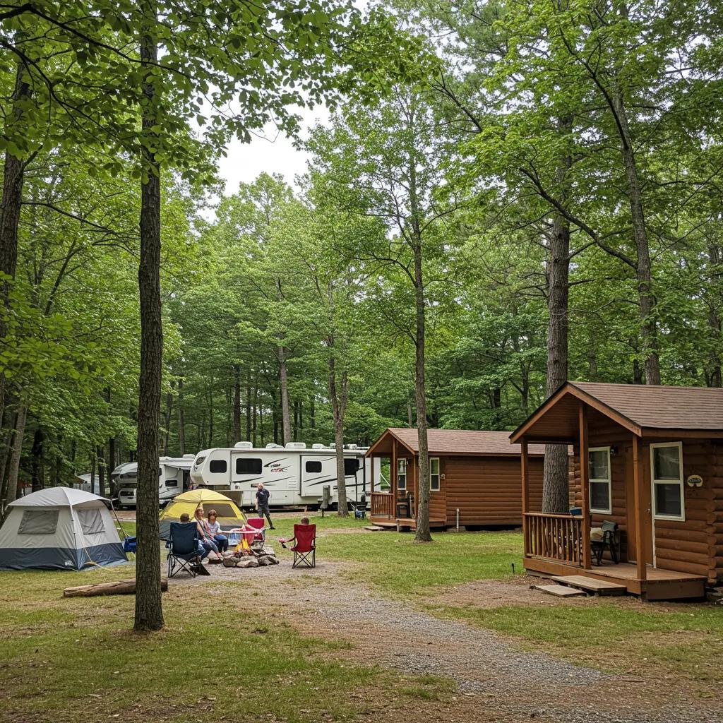 Diverse camping options at Camp Dearborn, featuring RV sites, tent areas, and cabins in a natural setting