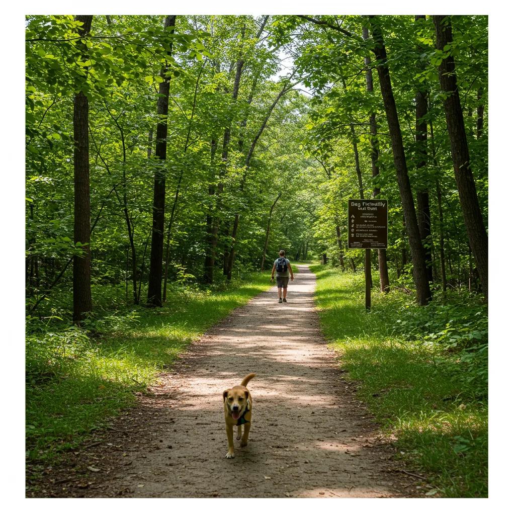 A dog happily exploring a hiking trail within an Ohio State Park