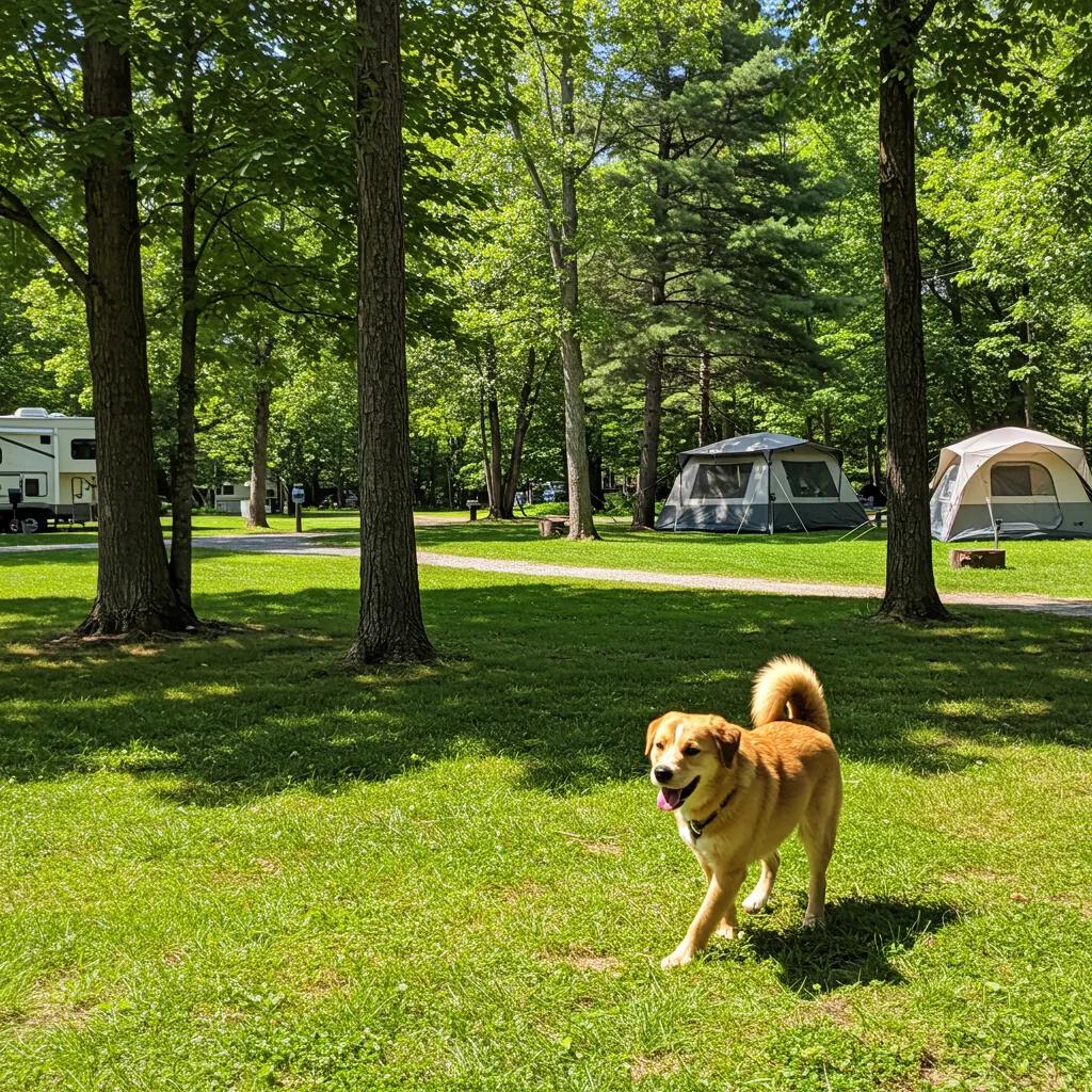 Dog-friendly campground in Michigan with a dog playing in a green area and a tent