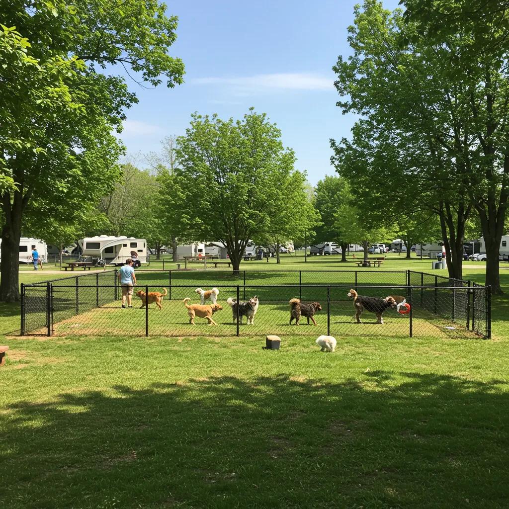 Dog-friendly campground in Michigan with a fenced dog park and dogs playing, emphasizing pet-friendly amenities