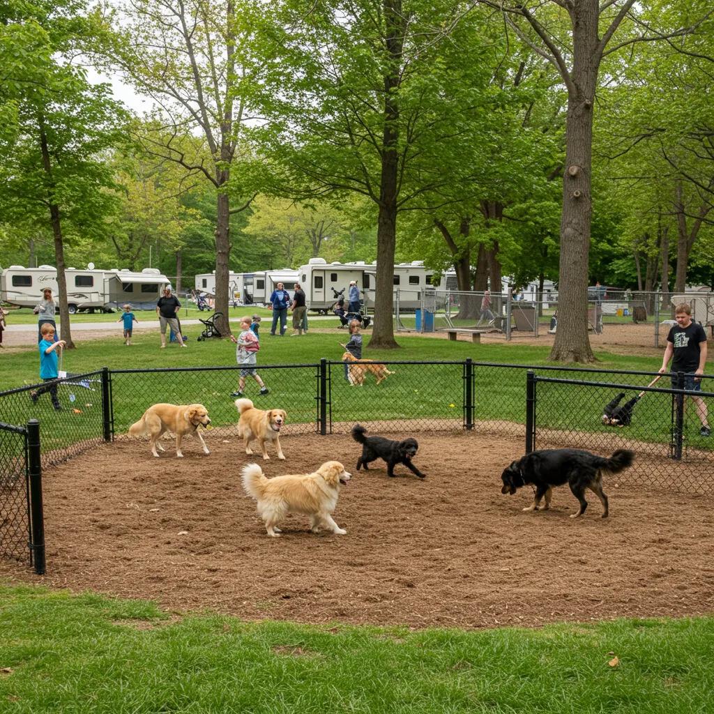 Dog-friendly campground in Michigan with families and dogs enjoying outdoor activities