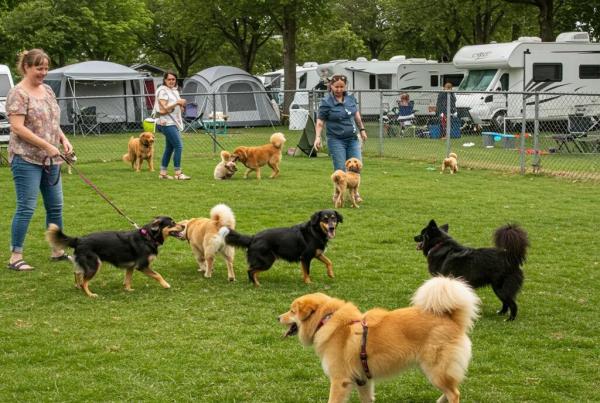 Dog-friendly campground with dogs playing in a fenced area and camping setups