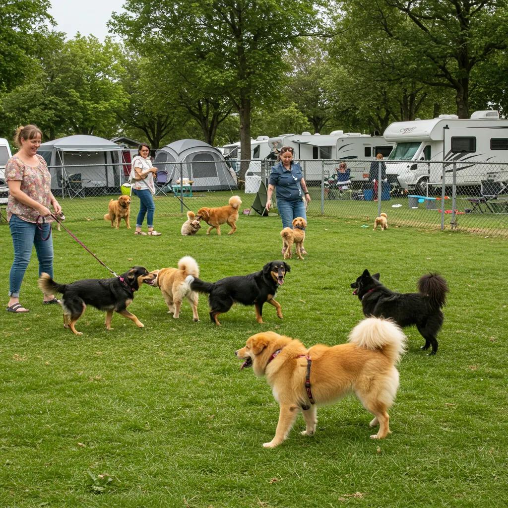 Dog-friendly campground with dogs playing in a fenced area and camping setups