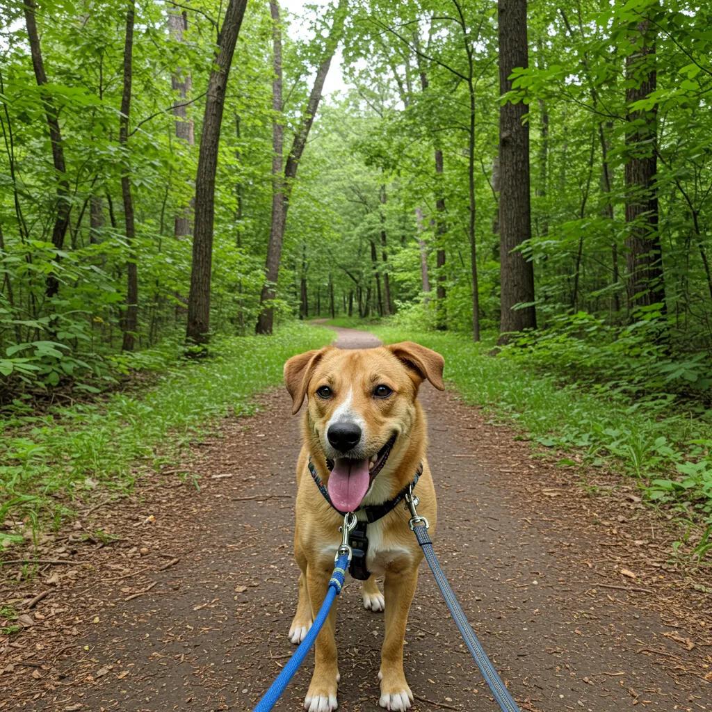 A dog on a leash exploring a scenic trail in an Ohio state park