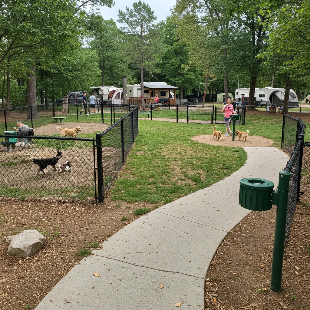 Dog park amenities at a family campground, showcasing pet-friendly features