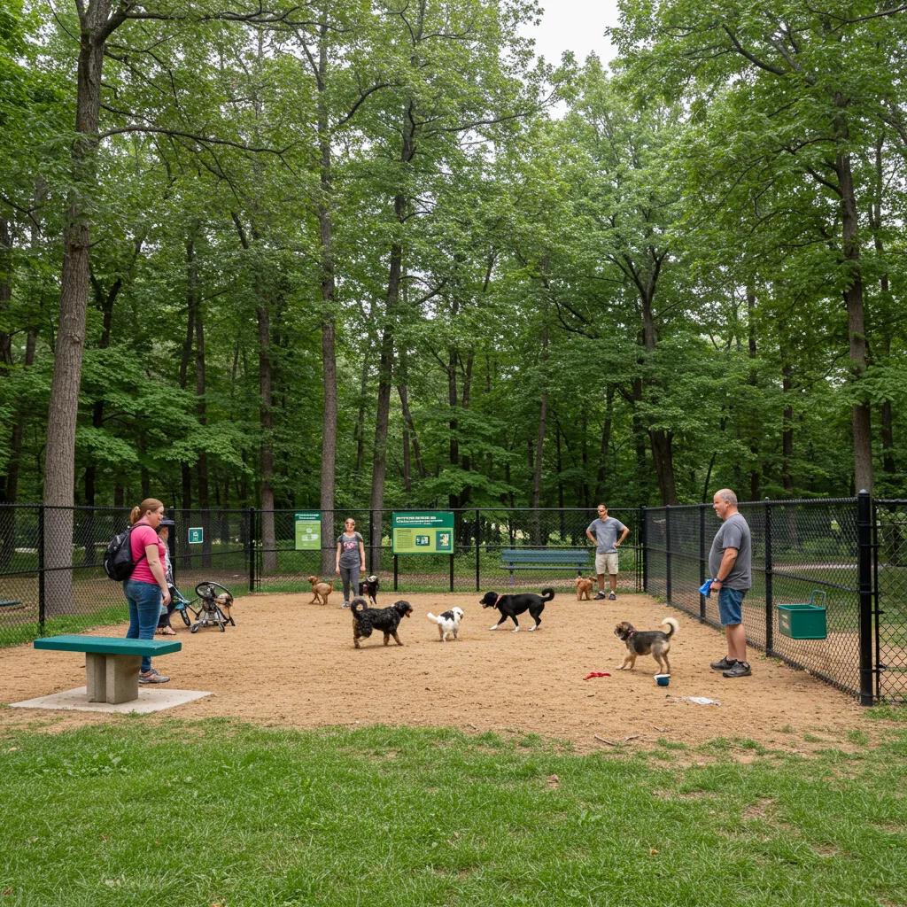 Dog park at Walnut Hills Campground with dogs playing and families enjoying the space