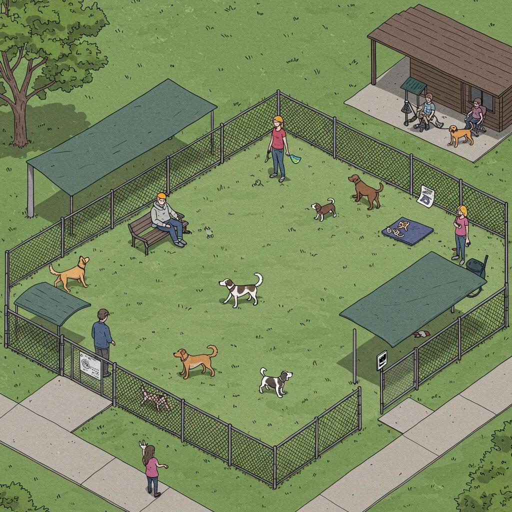 Dog park at Walnut Hills Family Campground with pets playing and family supervision