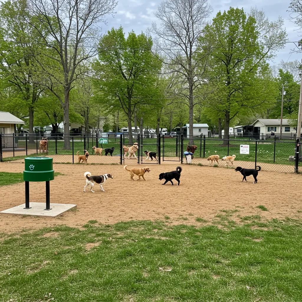 Dog park in a Michigan campground with dogs playing, showcasing pet-friendly amenities