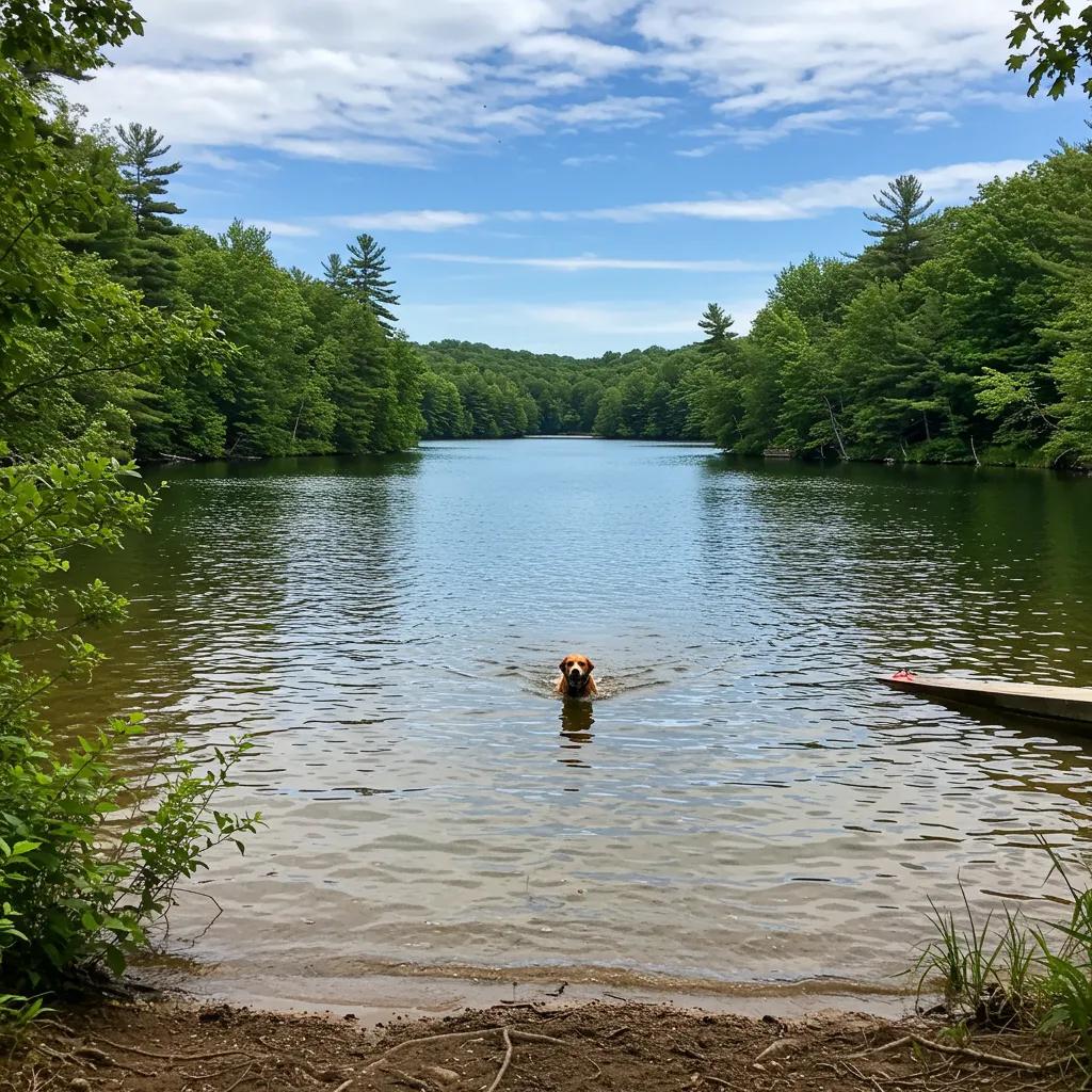 A happy dog swimming in a clear Michigan lake, surrounded by lush green forest
