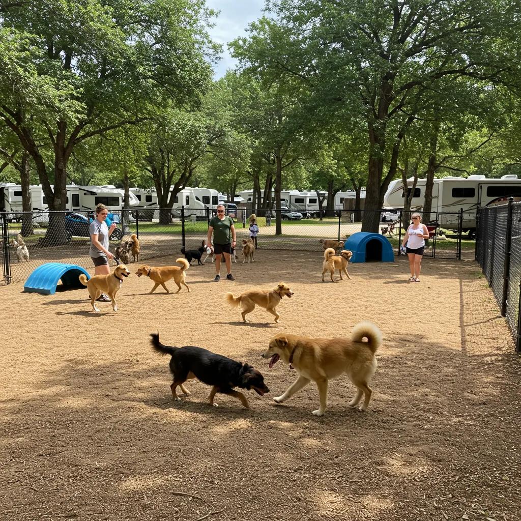 Happy dogs running and playing freely in a spacious, fenced dog park at a campground