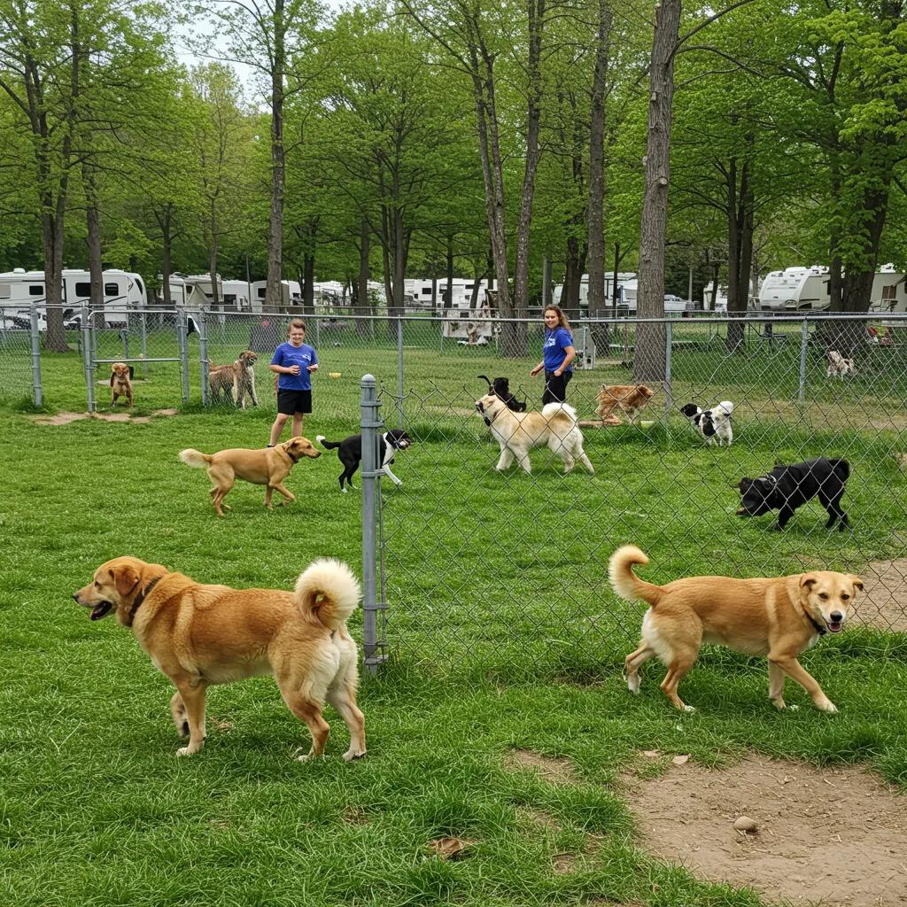 Dogs playing in a fenced dog park at a Michigan campground