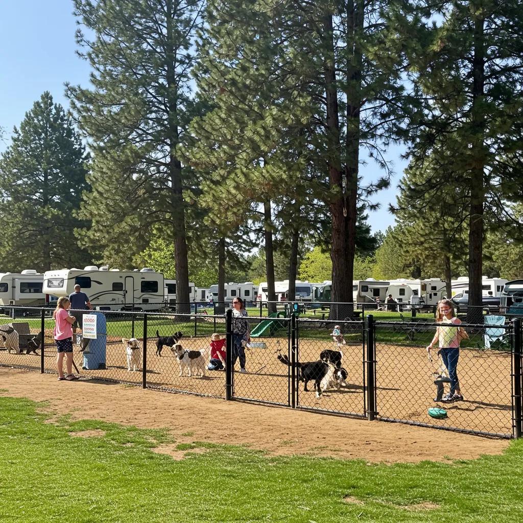 Dogs playing in a fenced dog park at Walnut Hills Family Campground, showcasing a top dog-friendly destination