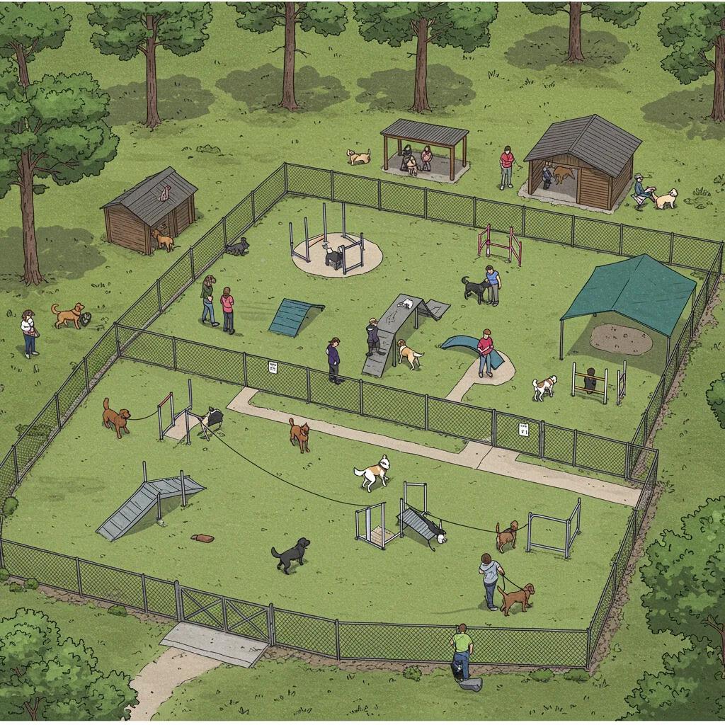 Dogs gleefully playing in a fenced dog park at Walnut Hills Family Campground, highlighting the resort's pet-friendly amenities