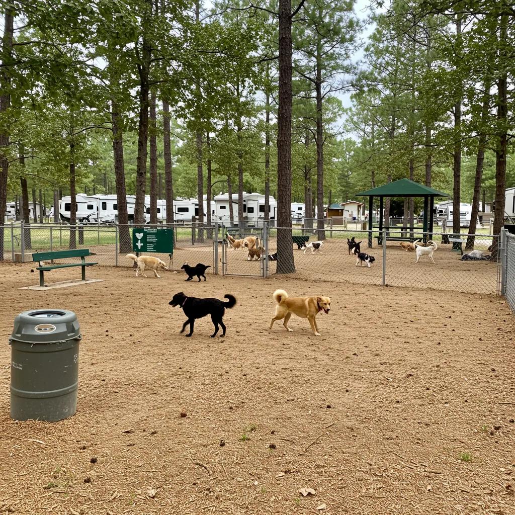 Dogs playing in a fenced dog park with amenities at a campground