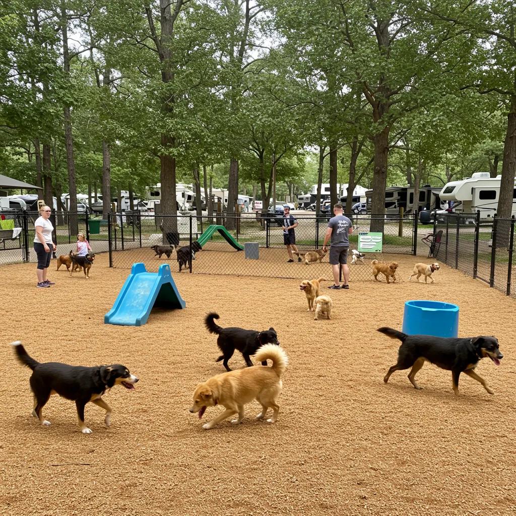 Dogs joyfully interacting in a spacious dog park at a campground, enhancing the overall camping experience for pet owners