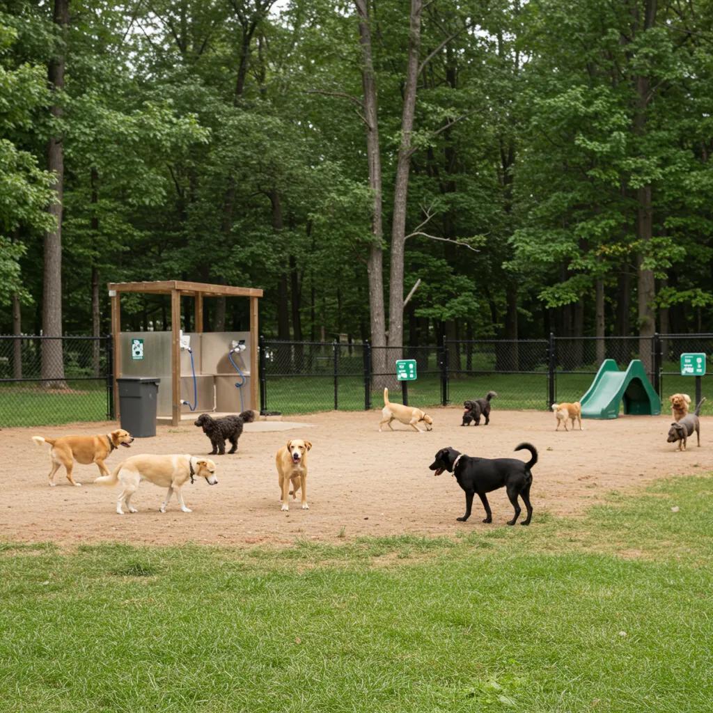 Dogs playing in a large dog park with pet amenities at Walnut Hills