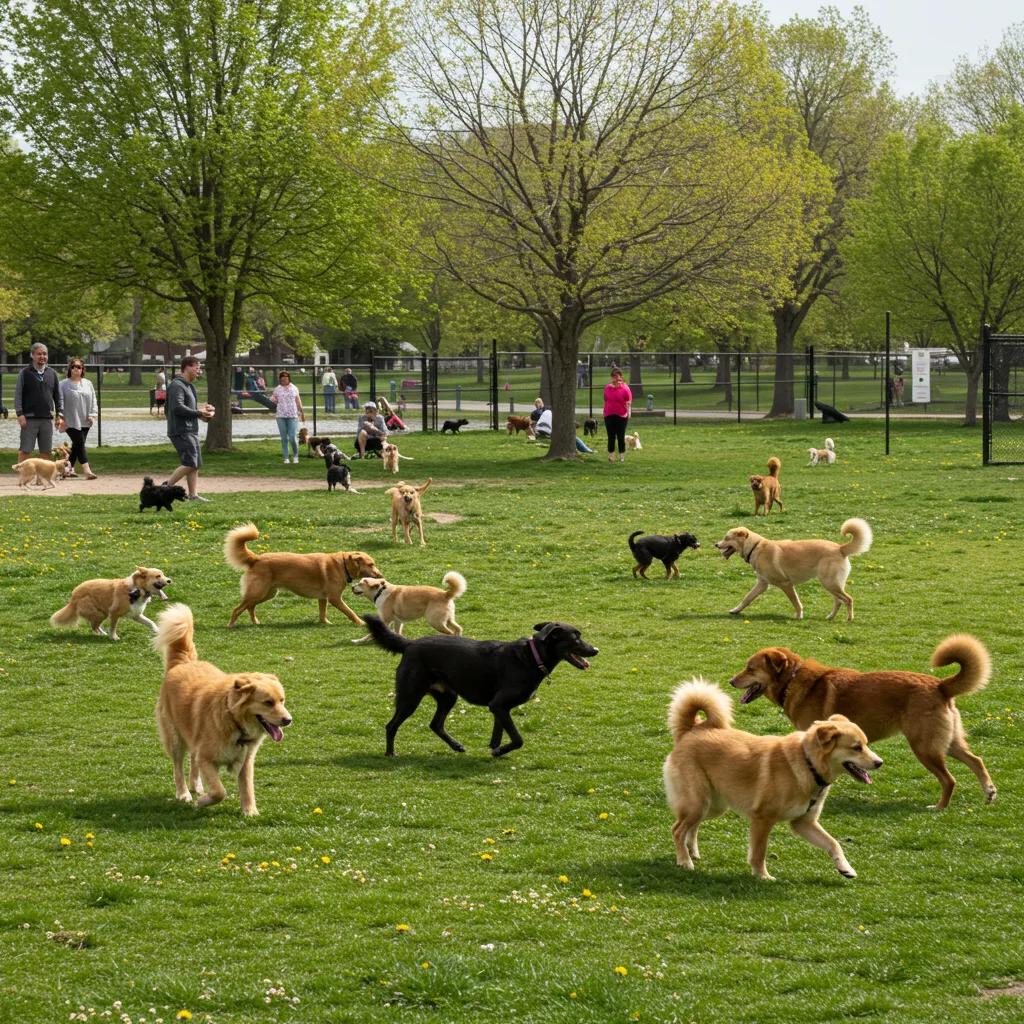 Dogs playing in a Michigan dog park with families enjoying the outdoor space