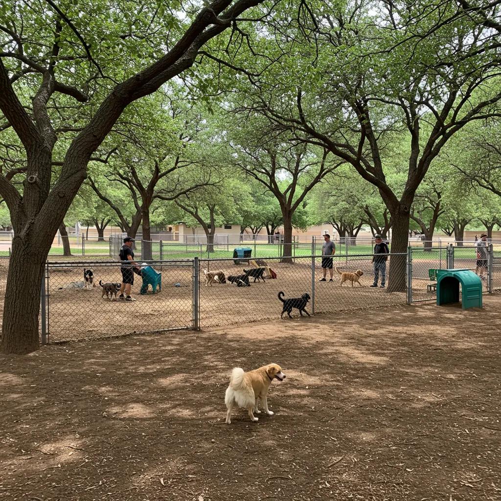 Dogs happily playing together in the spacious, fenced dog park at Walnut Hills Family Campground