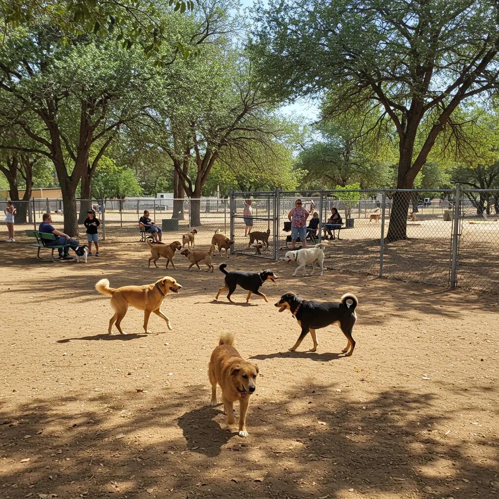Dogs playing in the large dog park at Walnut Hills Family Campground