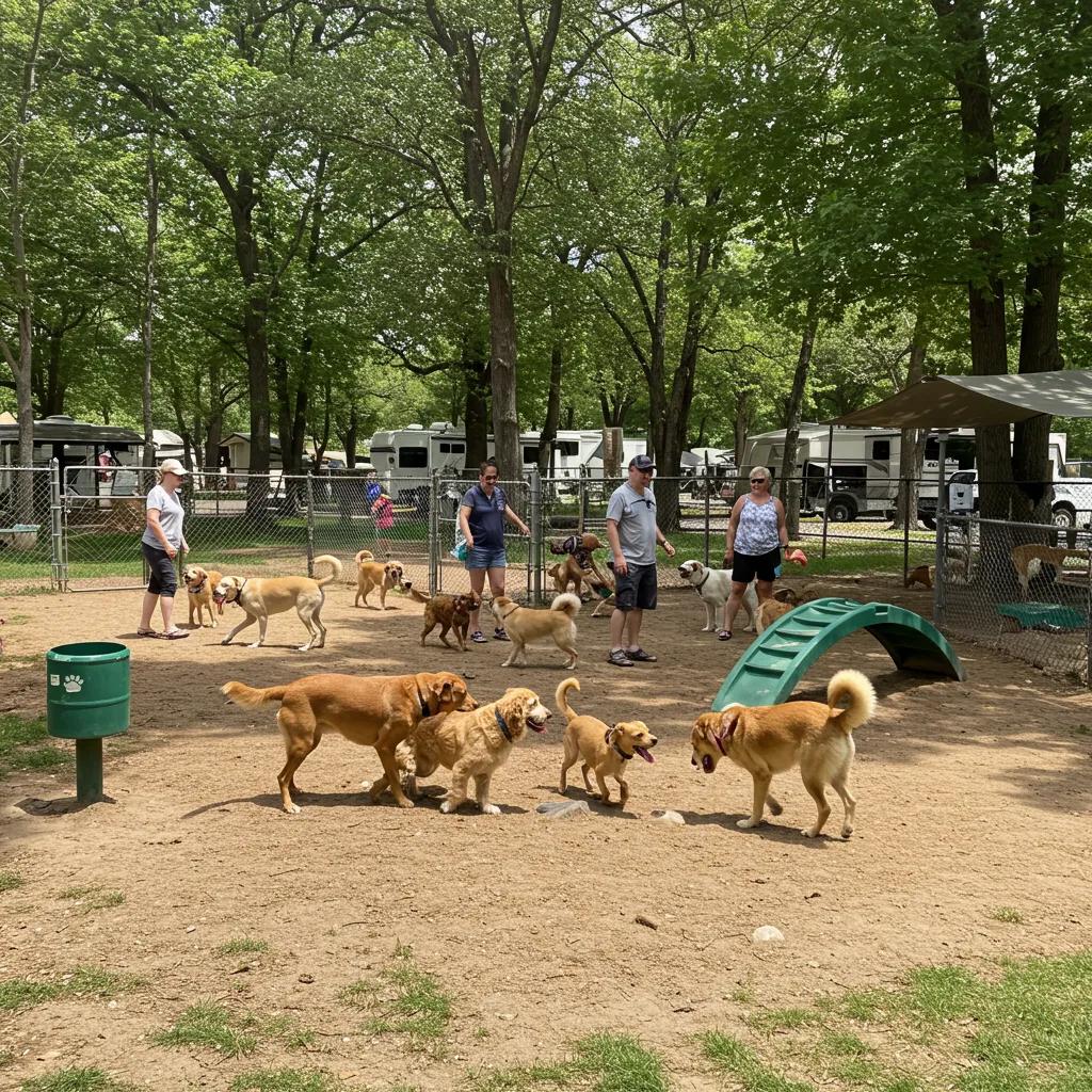Dogs playing in the Walnut Hills Family Campground dog park