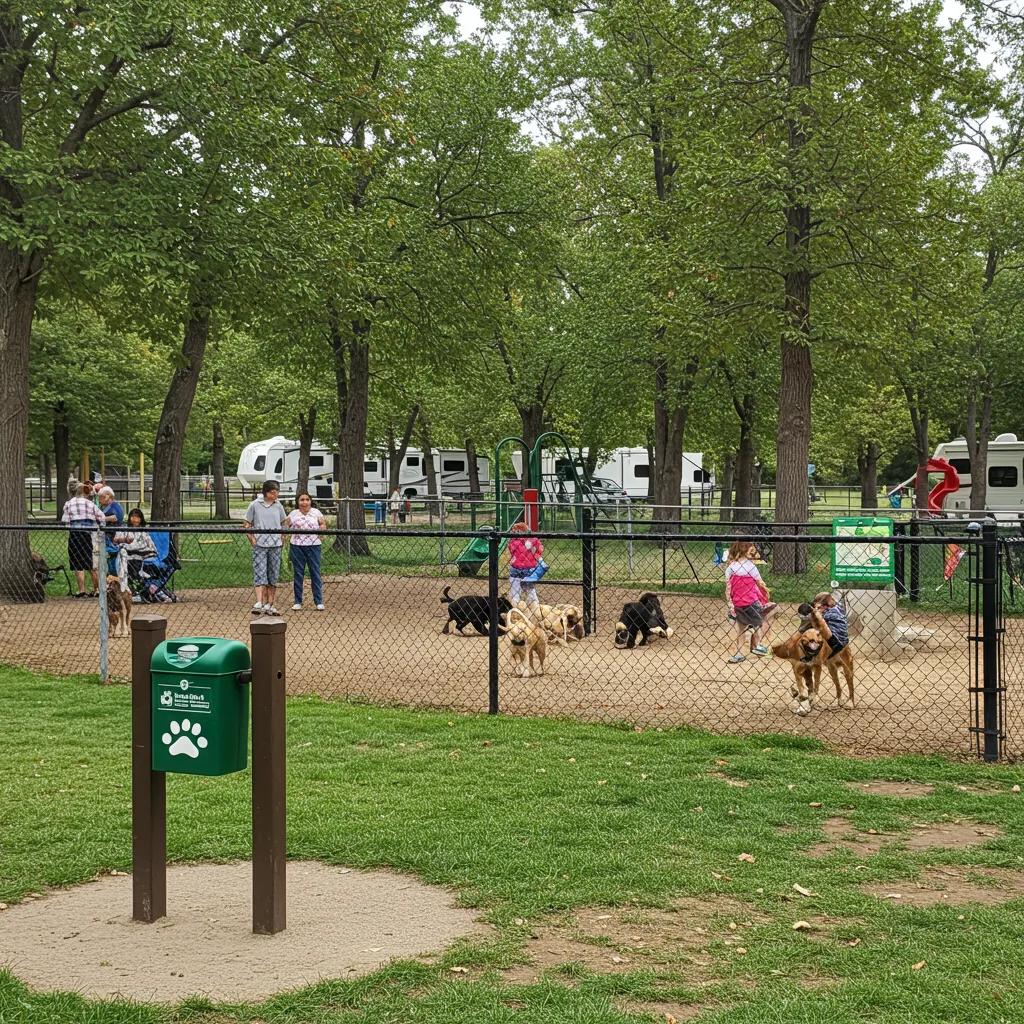 Dogs playing in the Walnut Hills Family Campground dog park with families enjoying the pet-friendly amenities