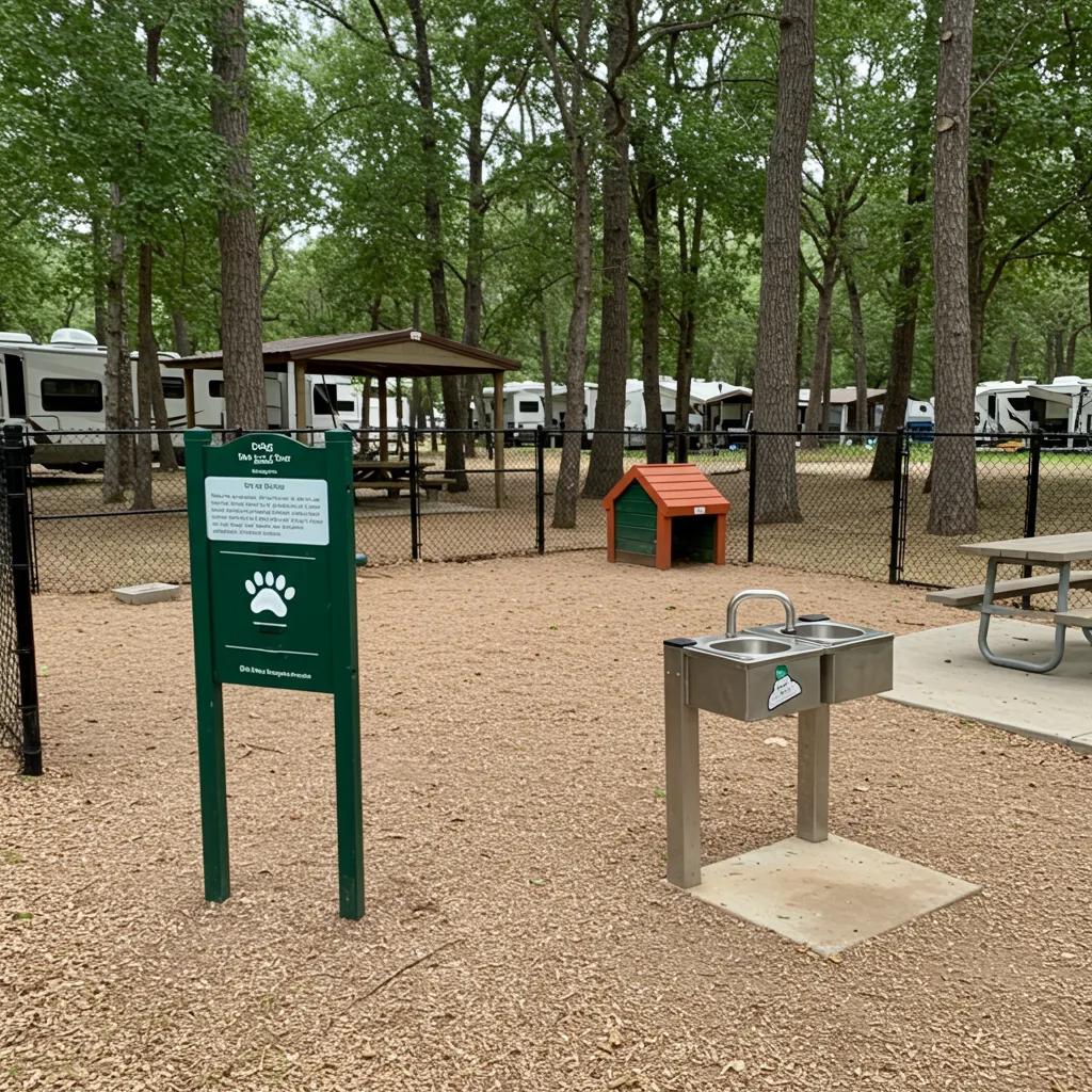 Essential amenities in a dog-friendly campground including fenced areas and water stations