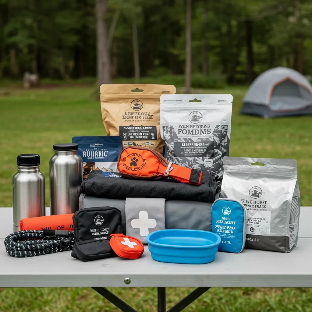 Essential camping gear laid out for a dog owner