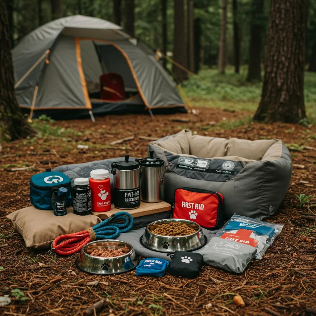 Essential camping gear for dogs neatly arranged at a campsite