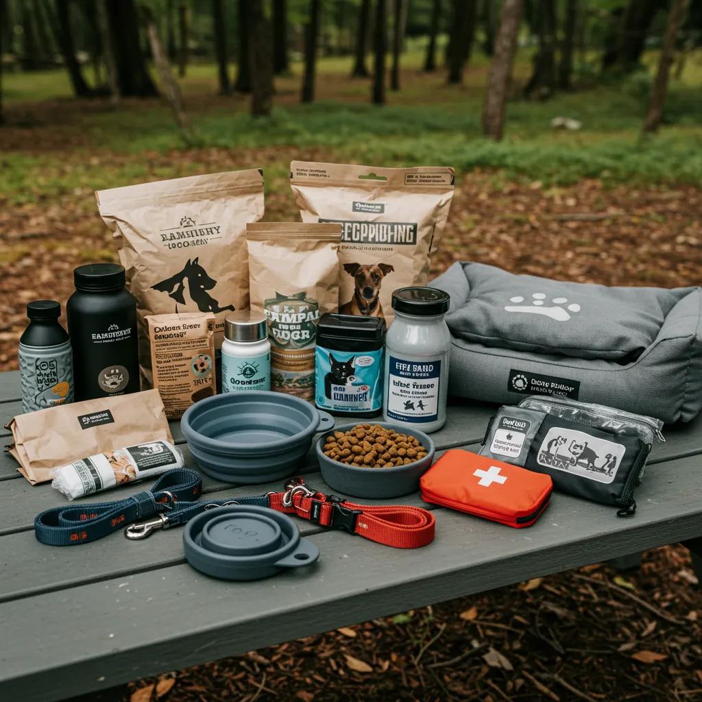 Essential camping gear for dogs including leashes and bowls