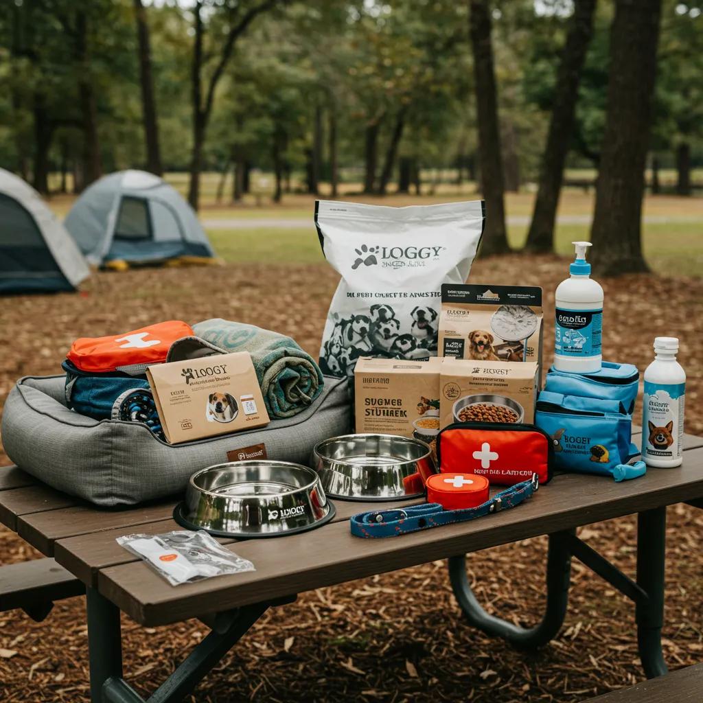 Essential camping items for dogs arranged on a picnic table