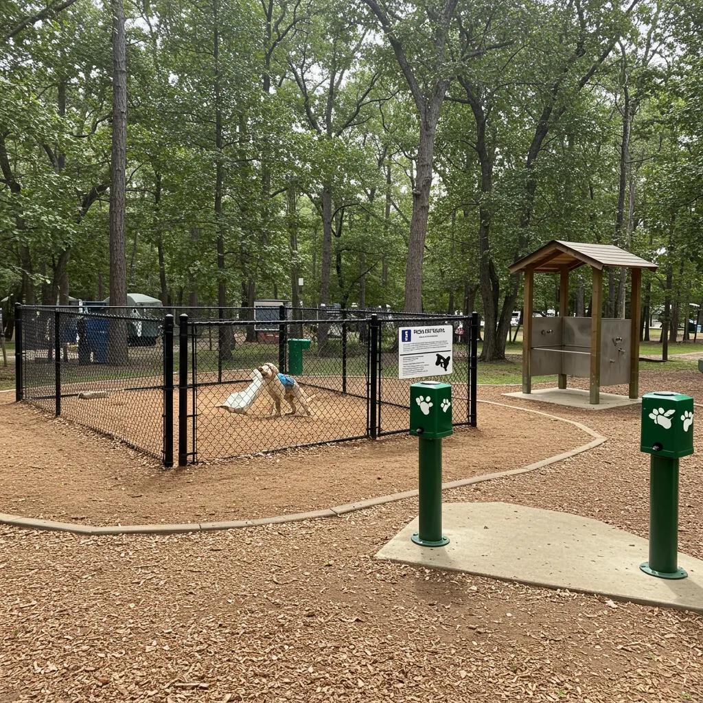 Essential dog-friendly amenities at a campground including a dog park and wash station