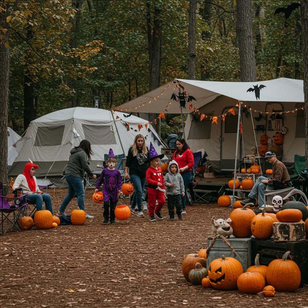 Families celebrating Halloween at Camp Dearborn with costumes and decorations