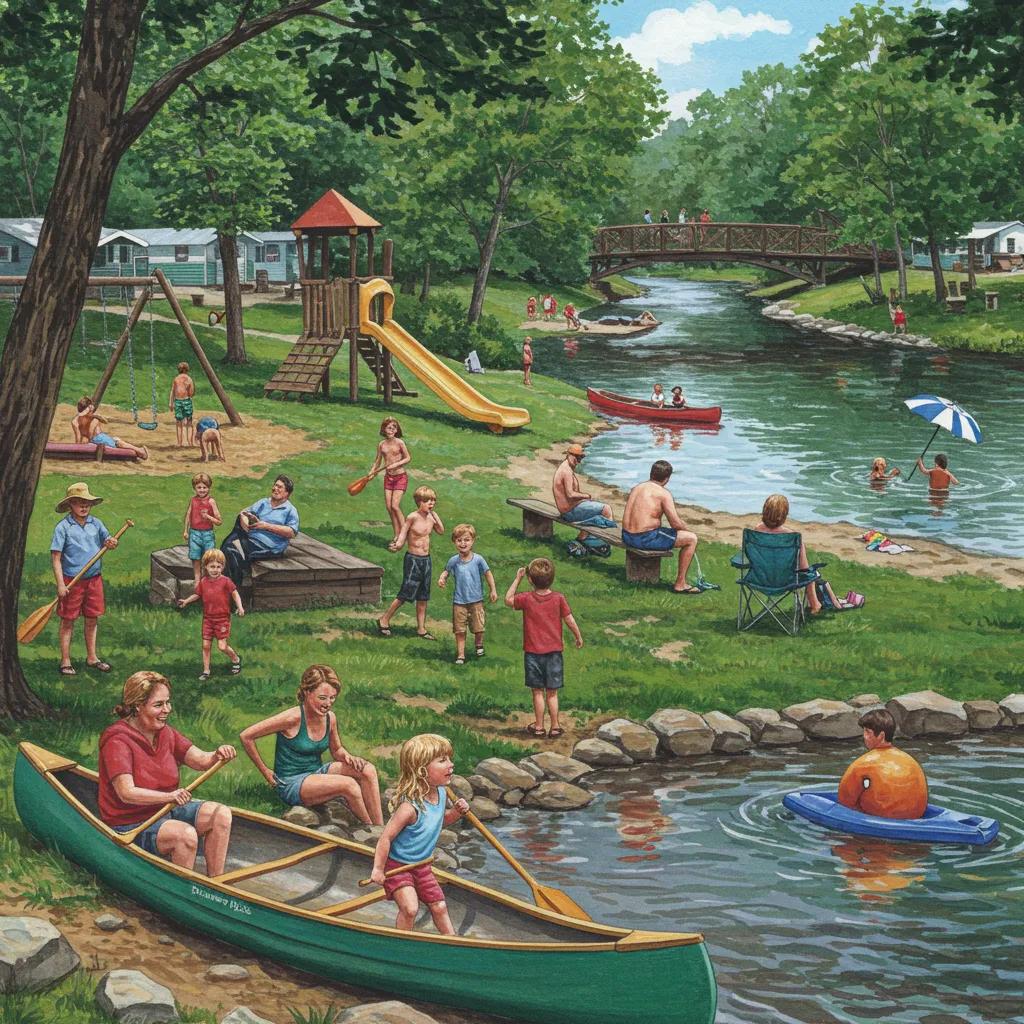 Families engaging in outdoor activities at Walnut Hills, including canoeing and playground fun, highlighting family adventures