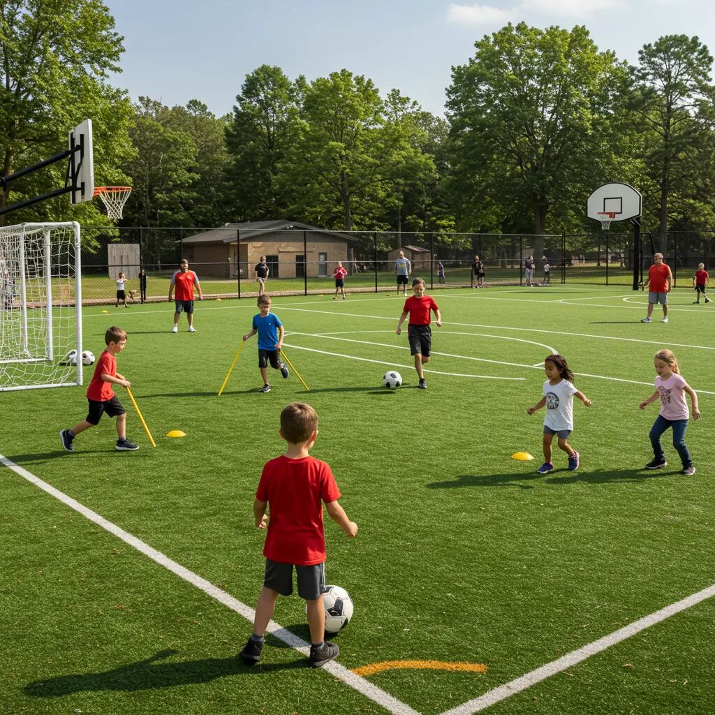 Families engaging in sports and recreation at Camp Dearborn, featuring soccer, lawn games, and basketball