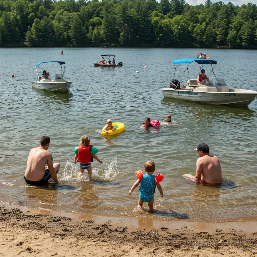 Families swimming and boating safely at Camp Dearborn, emphasizing fun and security