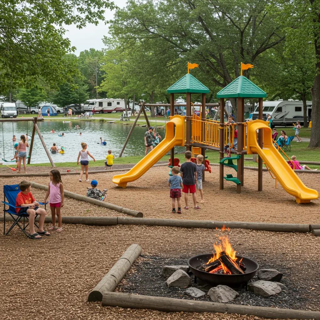 Families engaging in various activities at a campground, including swimming, playing, and relaxing outdoors