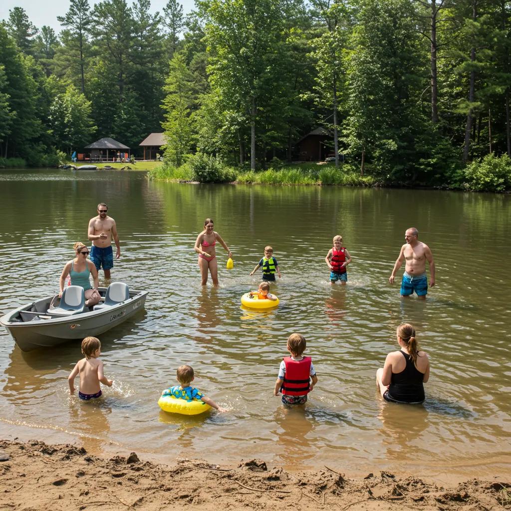 Families engaging in water activities at Camp Dearborn, including swimming, kayaking, and fishing