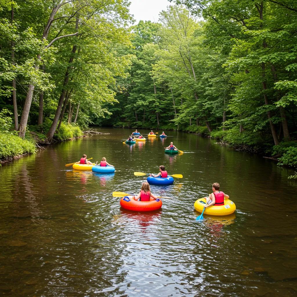 Families enjoying a leisurely float trip down the Shiawassee River, highlighting the perfect blend of adventure and relaxation offered by luxury cabin stays