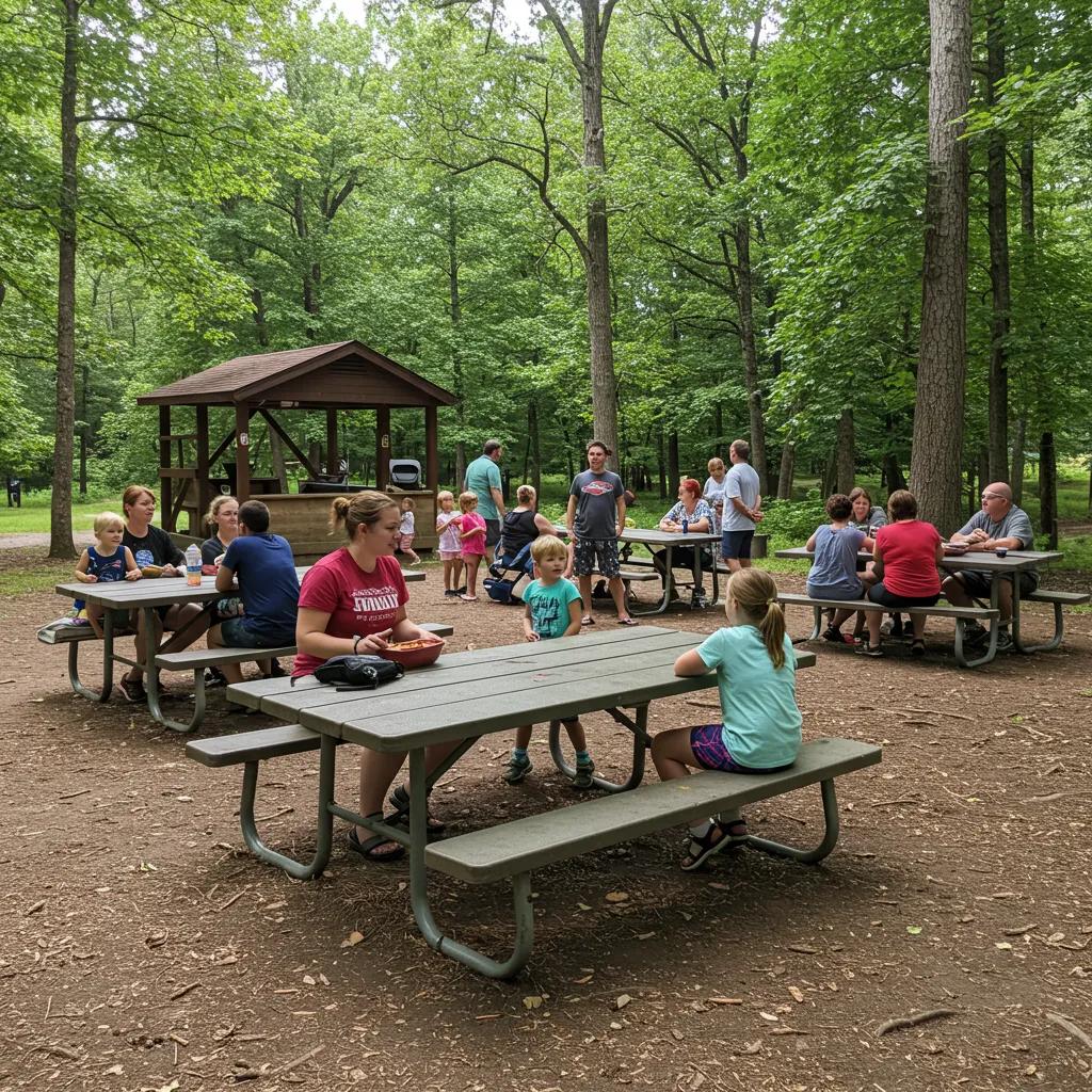 Families enjoying a picnic in a group camping area at an Ohio state park