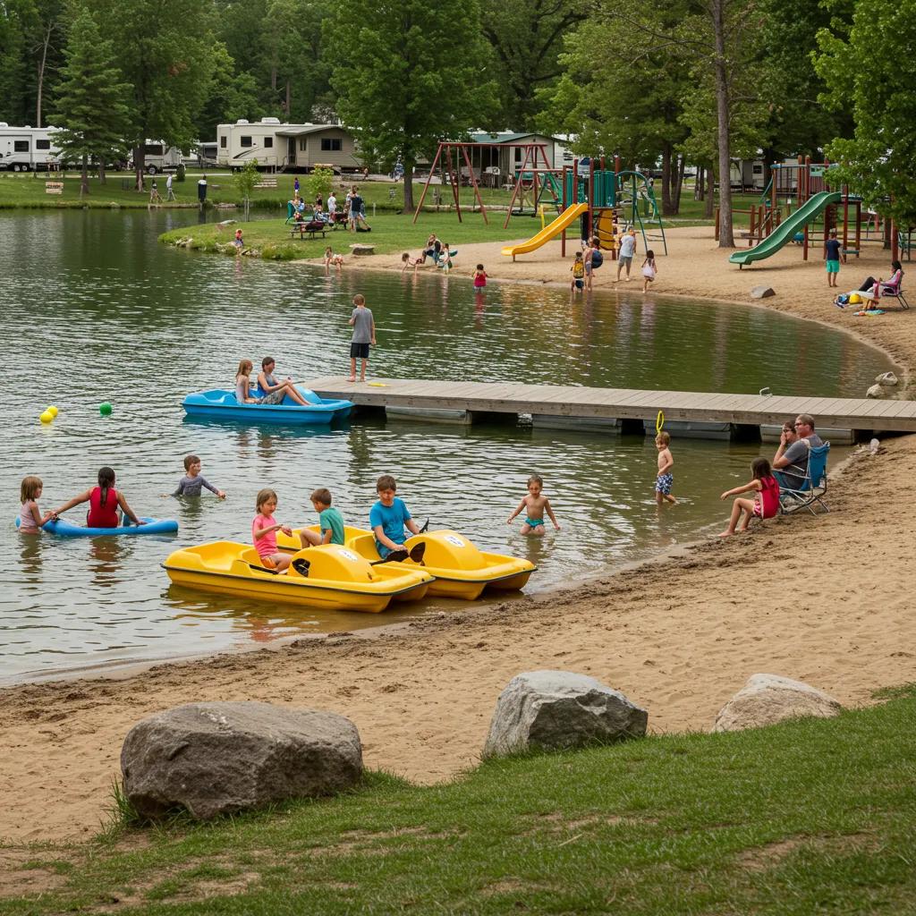 Families enjoying activities at Ridge Ranch Campground, showcasing its amenities and lake access