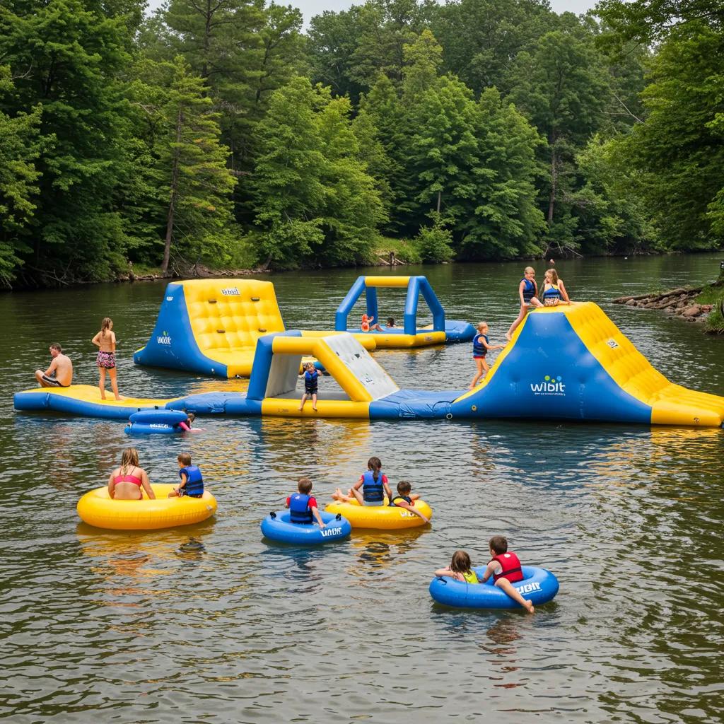 Families enjoying activities at Walnut Hills Campground, including water play and river floats